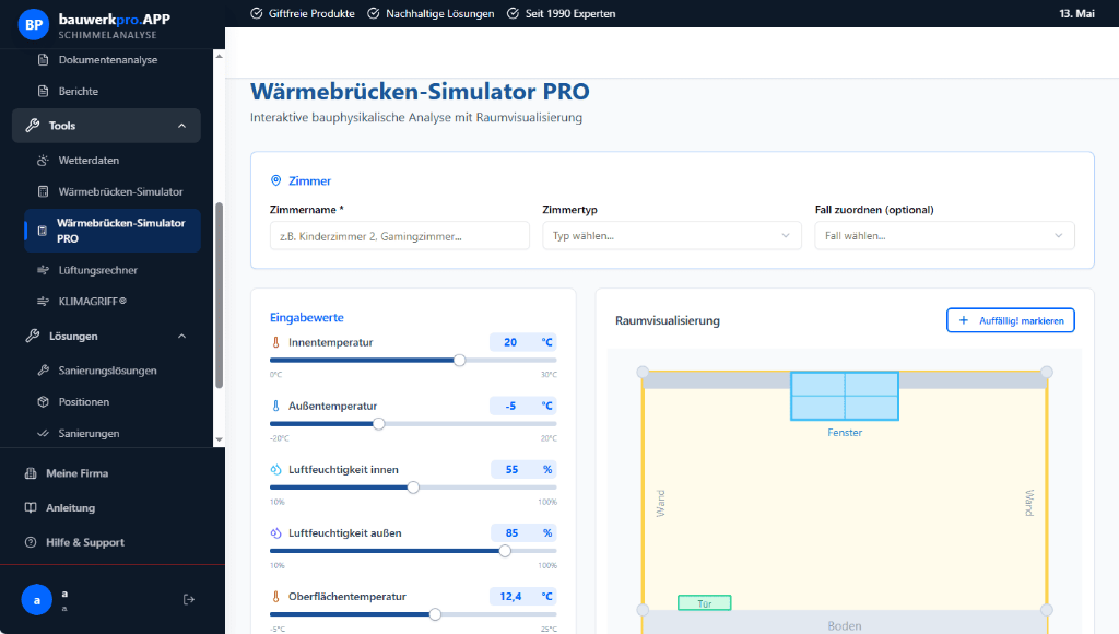 bauwerkpro.APP Wärmebrücken-Simulator PRO für thermische Gebäudeanalyse Wärmebrücken-Simulator PRO der bauwerkpro.APP zur bauphysikalischen Analyse von Temperatur, Luftfeuchtigkeit und Raumvisualisierung.
