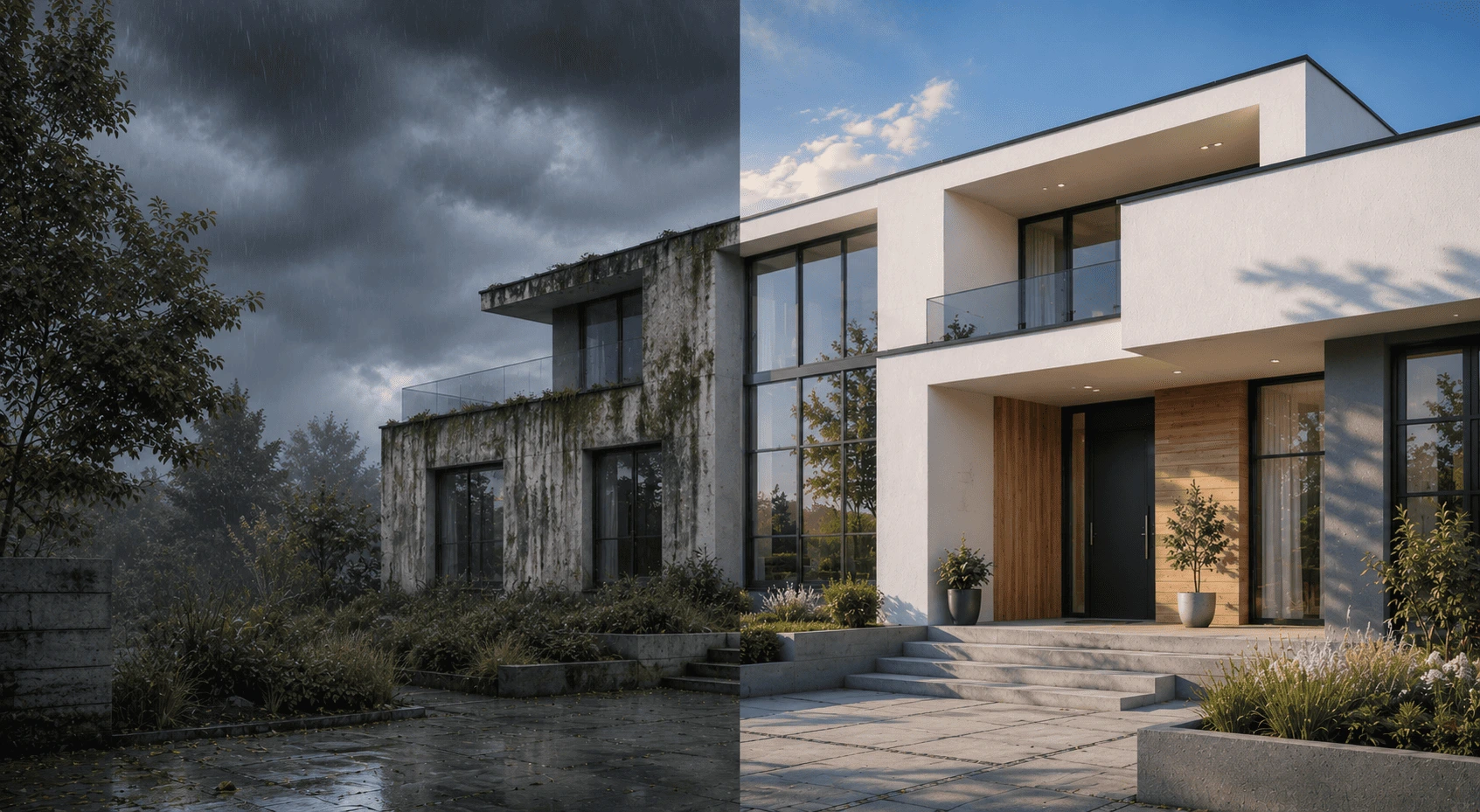 Vorher-nachher-Vergleich einer modernen Hausfassade mit Algen- und Feuchtigkeitsschäden vor der Reinigung und sauber sanierter Außenfassade danach.
