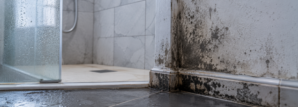Schwarzschimmel in einer Duschkabine – massiver Schimmelbefall in den Fliesenfugen und Silikon-Anschlussnähten einer Dusche sowie an der gegenüberliegenden Wand neben dem Bodenabschluss – Nassraumschimmel durch dauerhaft hohe Luftfeuchtigkeit und undichte Verbundabdichtung.