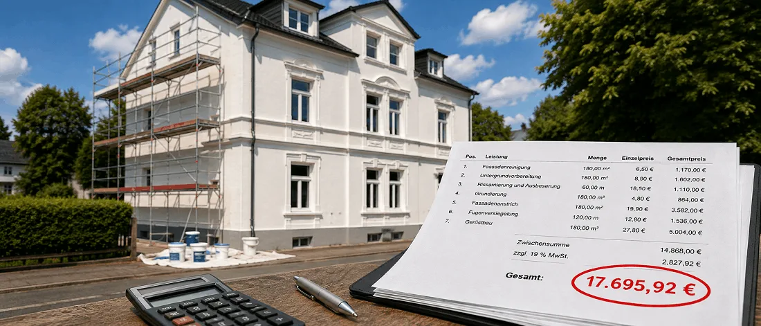 Fassade streichen Kosten 2026: Kostenaufstellung mit Gerüstbau, Untergrundvorbereitung und Fassadenanstrich auf einer Baustelle