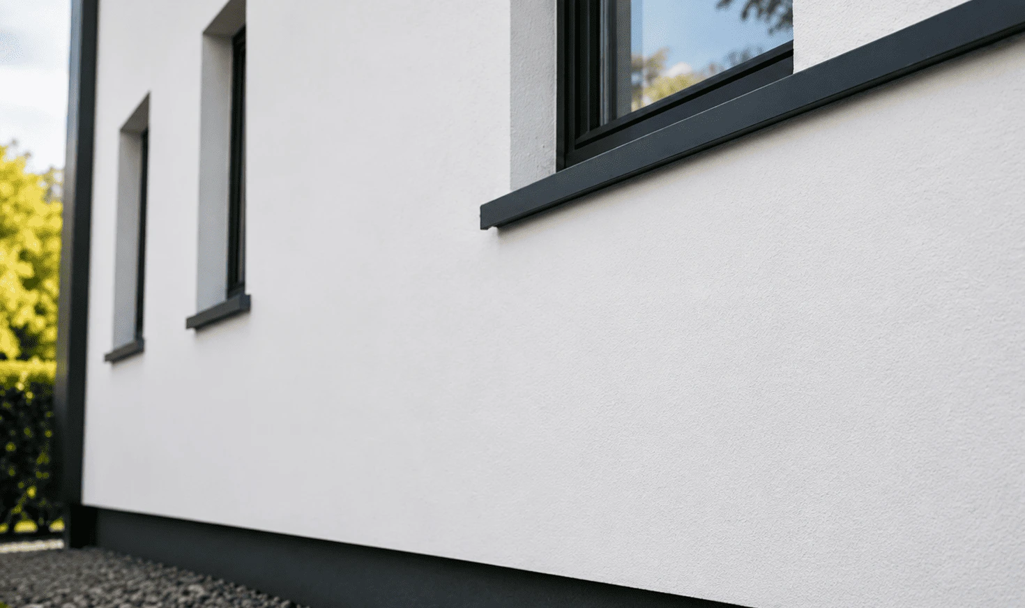Saubere weiße Hausfassade nach der Entfernung von Algen, Feuchtigkeitsspuren und biologischen Ablagerungen.