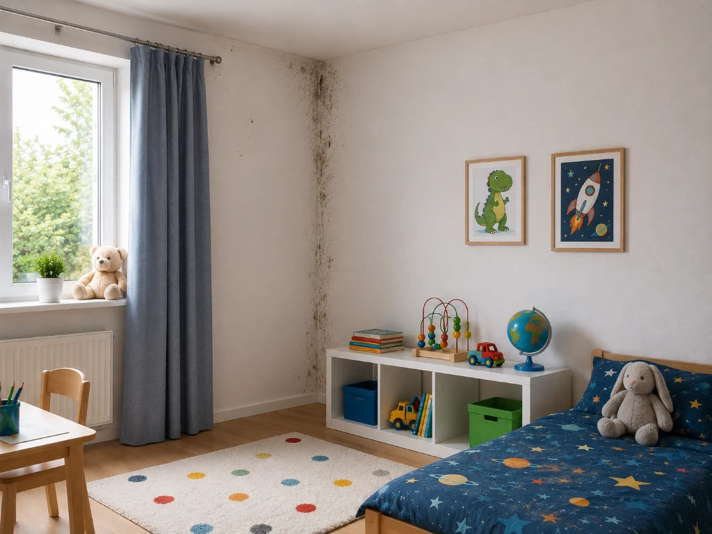 Sanierung von Schwarzschimmel an einer Wand in einem Kinderzimmer in Berlin