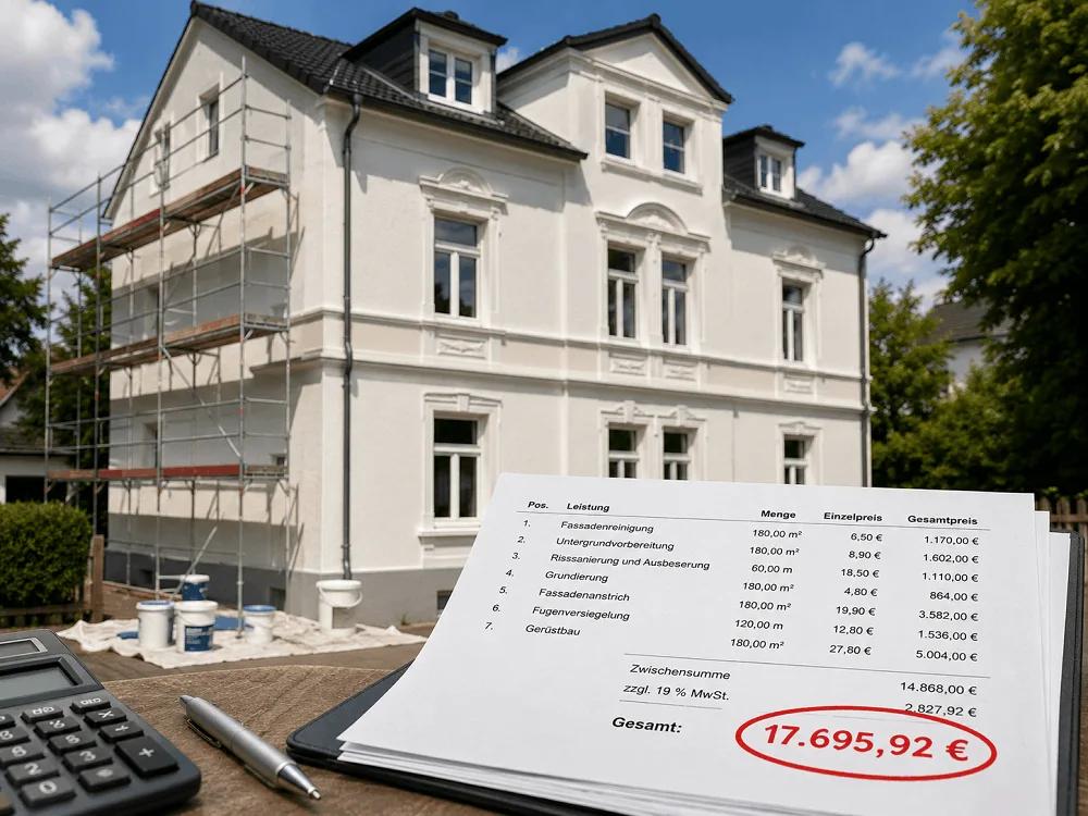 Kostenangebot für Fassadenanstrich auf Klemmbrett mit Taschenrechner vor weißer Altbau-Villa mit Gerüst