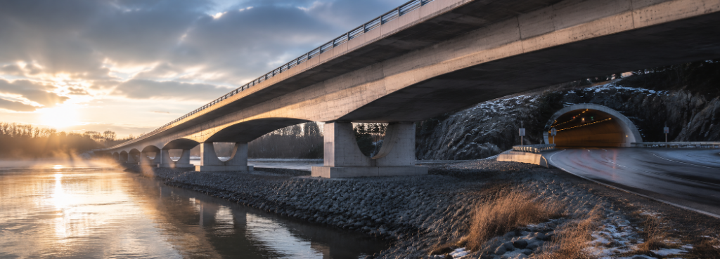 Brücken & Straßenbauwerke – Feuchtigkeitsschutz und Abdichtung für Ingenieurbauwerke Betonbrücke über einen Fluss im Winter mit angrenzendem Straßentunnel – Ingenieurbauwerk mit Feuchtigkeitsschutz- und Abdichtungsbedarf.