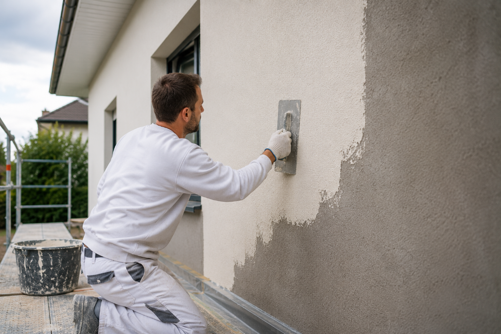 Handwerker bei der Fassadensanierung eines Wohnhauses