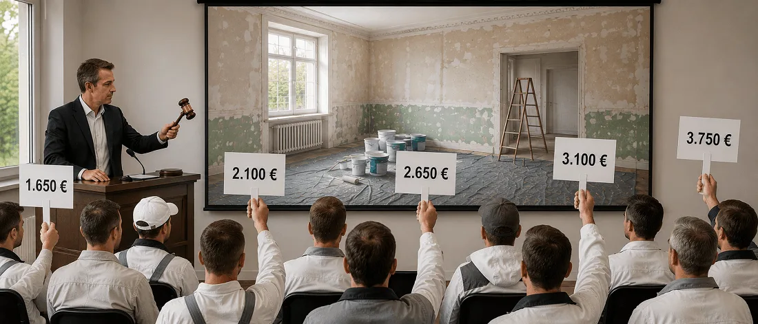 Malerkosten-Auktion in Solingen: Malerbetriebe bieten Preise für Malerarbeiten von 1.650 € bis 3.750 € – transparente Kostenbeispiele für Malerarbeiten 2026