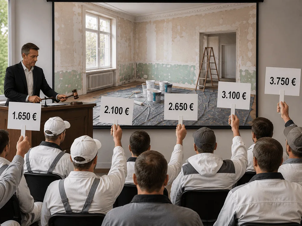 Malerkosten-Beispiel: Maler bieten bei einer Auktion Preise für Malerarbeiten in Solingen – Preisbeispiele von 1.650 € bis 3.750 € für transparente Malerarbeiten-Kosten 2026