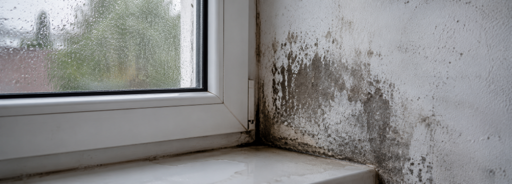Fensterscheibe mit starkem Kondenswasser und Schimmelbefall in der Fensterlaibung – undichter Fensteranschluss als Ursache für Wärmebrücke, Kondensation und Schimmelbildung.