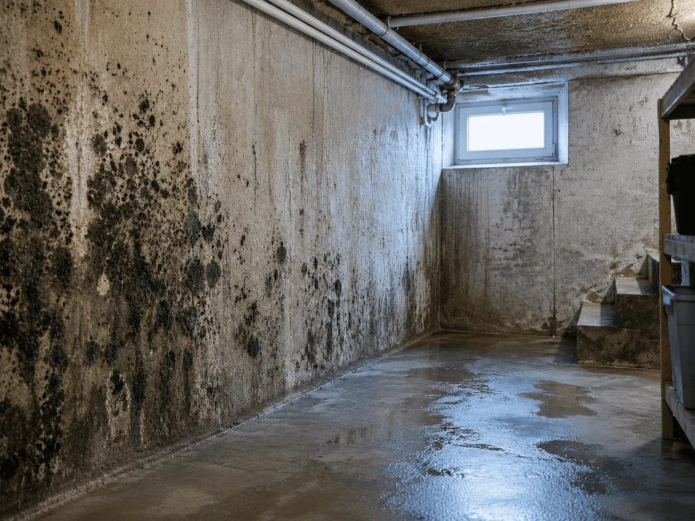 Schimmel im Keller – feuchter Keller mit ausgedehntem Schimmelbefall an der Betonwand und stehendem Wasser auf dem Fußboden