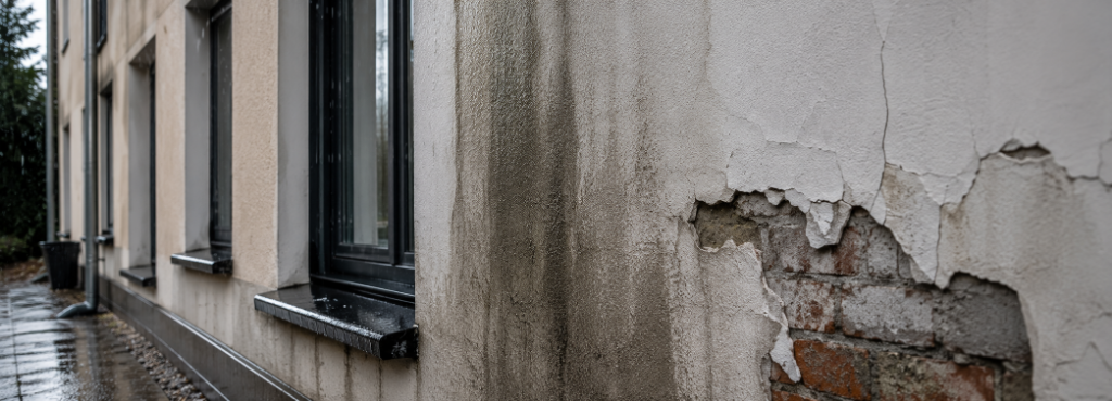 Stark verwitterte Außenwand eines Wohnhauses mit abblätterndem Putz, sichtbaren Feuchtigkeitsschäden und freigelegtem Mauerwerk – typischer Fassadenschaden durch eindringende Nässe.