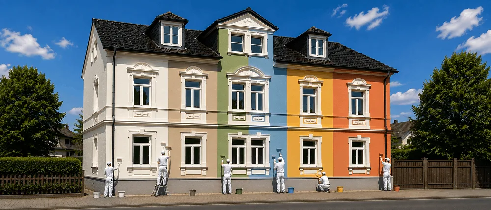 Hausfassade in modernen Fassadenfarben 2026 gestrichen – mehrfarbige Farbblöcke von Weiss über Sand und Olivgrün bis Himmelblau, Senfgelb und Orange