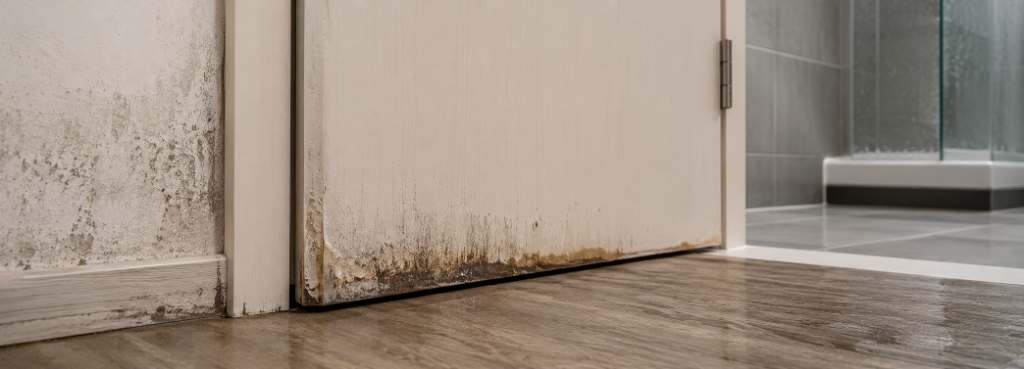 Innentür im Badezimmerbereich mit Schimmelbefall an der Türunterkante und der angrenzenden Wand – Schimmelbildung an Innentür durch hohe Raumfeuchte und fehlende Versiegelung.