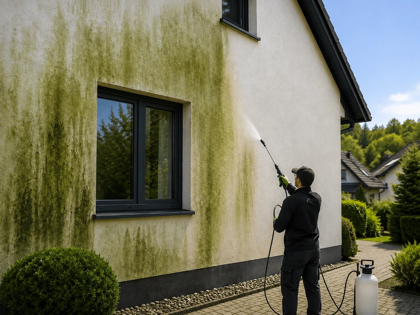 Fassadenreinigung mit Hochdruckreiniger – Entfernung von Algen und Schmutz an einer weissen Hausfassade