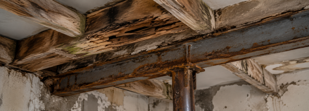 Stark verfaulte Holzbalken mit Braunfäule und korrodierte Stahlträger mit Rostschäden in einem sanierungsbedürftigen Gebäude – Holzfäule und Stahlkorrosion durch dauerhaft erhöhte Holzfeuchte.