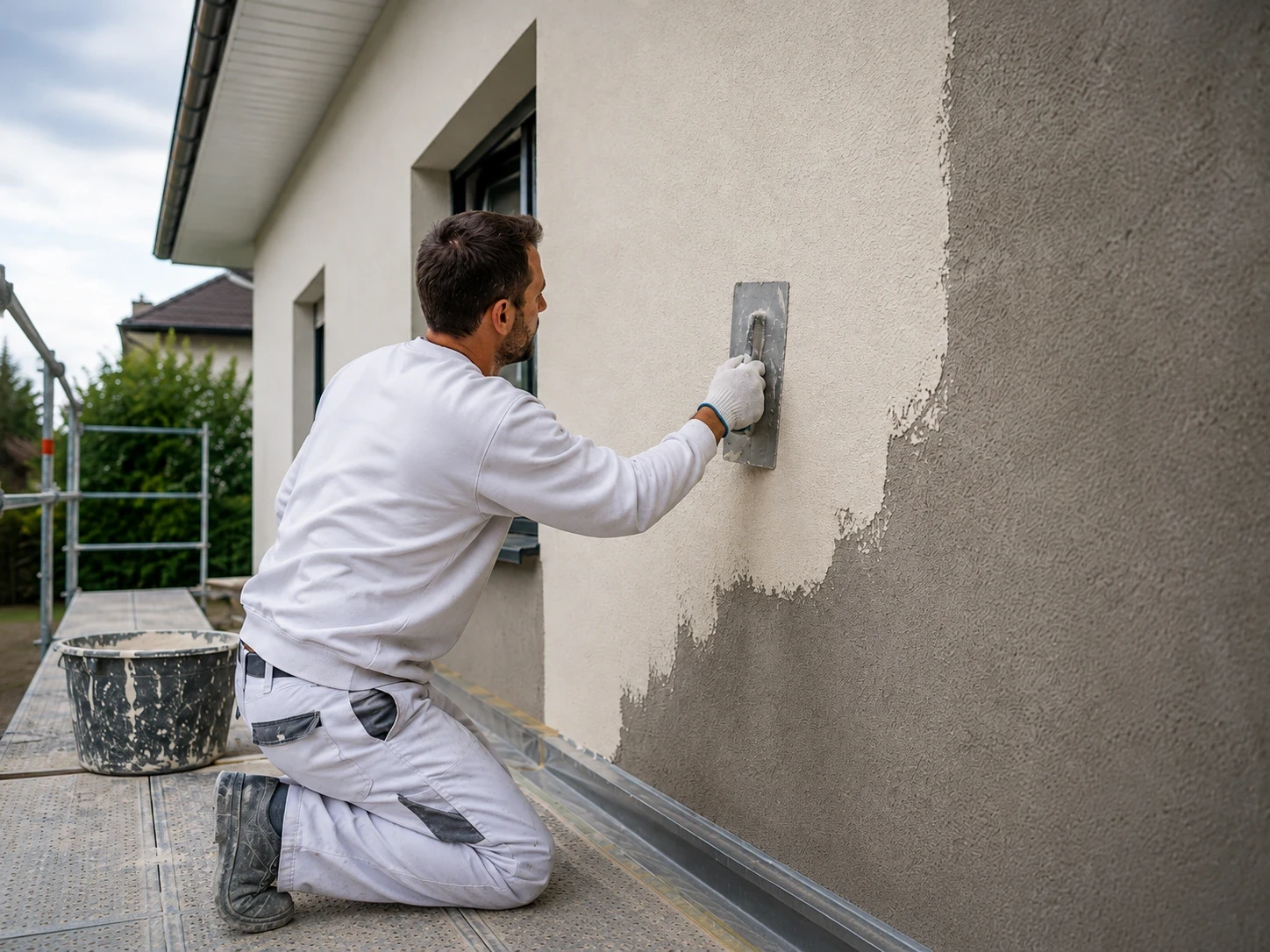 Handwerker beim Auftragen von Aussenputz an einer Hausfassade auf einem Baugeruest