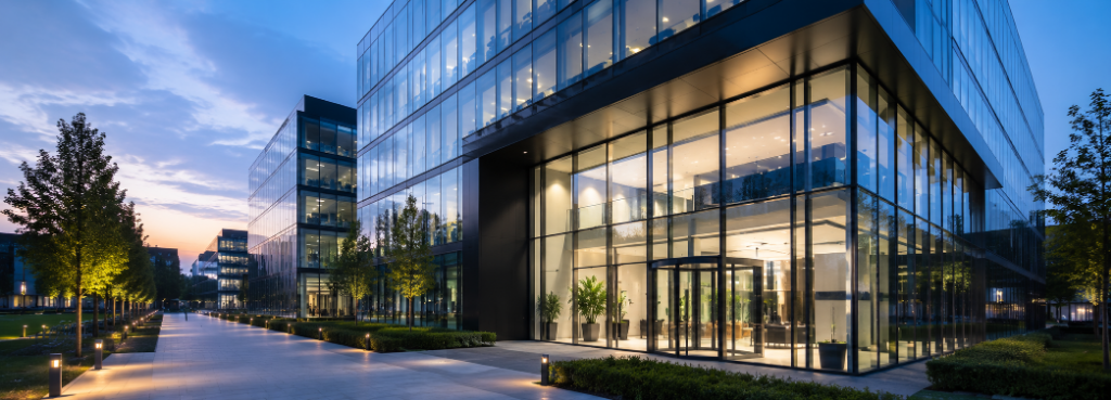 Büro- & Verwaltungsgebäude – Feuchtigkeitssanierung und Schimmelschutz im laufenden Betrieb Modernes Büro- und Verwaltungsgebäude mit Glasfassade bei Dämmerung – Gewerbeobjekt mit Anforderungen an Raumluftqualität und Feuchtigkeitsschutz.