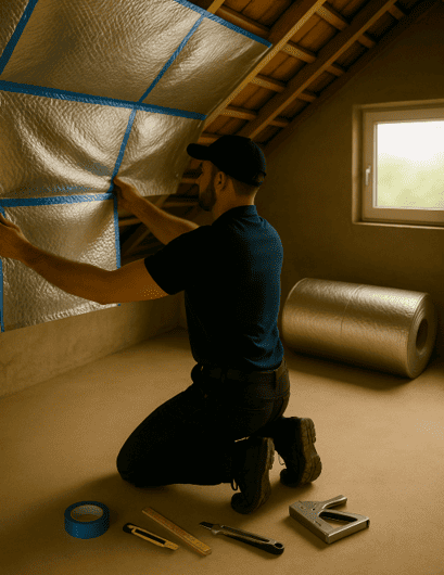 Energetische Dämmung im Dachgeschoss Handwerker installiert eine Dämmung im Dachgeschoss zur Verbesserung der Energieeffizienz und Reduzierung von Wärmeverlusten.