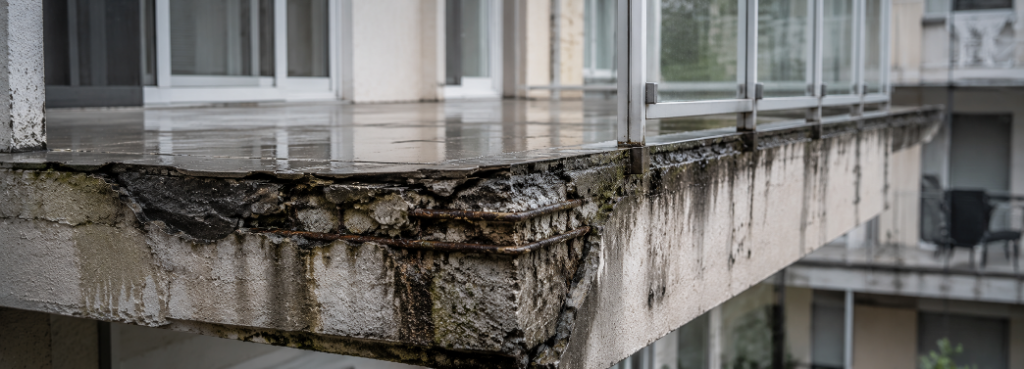 Stark geschädigte Balkonbrüstung eines Mehrfamilienhauses mit abgeplatzte Betonoberfläche, freiliegender Bewehrung und Feuchtigkeitsflecken – Betonkorrosion am Balkon durch eindringende Nässe.