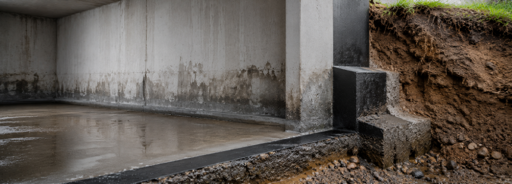 Freigelegtes Fundament und Bodenplatte eines Gebäudes mit sichtbarer Abdichtungsschicht, durchnässtem Beton und stehendem Wasser – aufsteigende Feuchtigkeit durch fehlende Bodenplattenabdichtung.