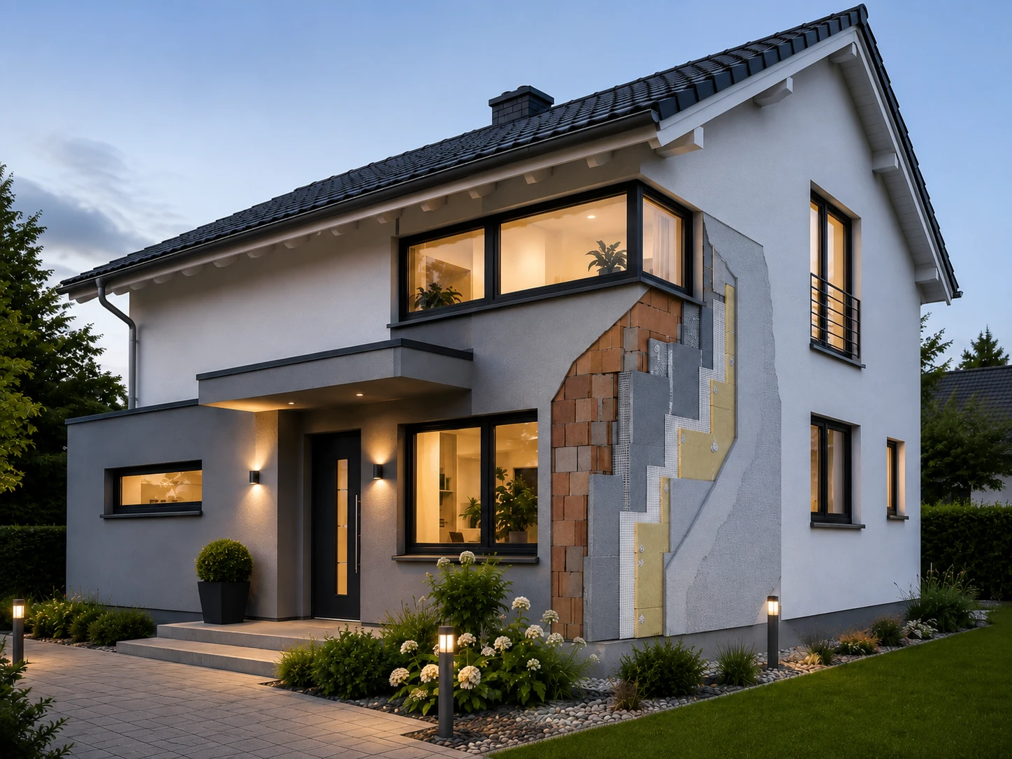 Einfamilienhaus im Bergischen Land mit visualisiertem Fassadendämmung-Aufbau zur Energieeffizienz