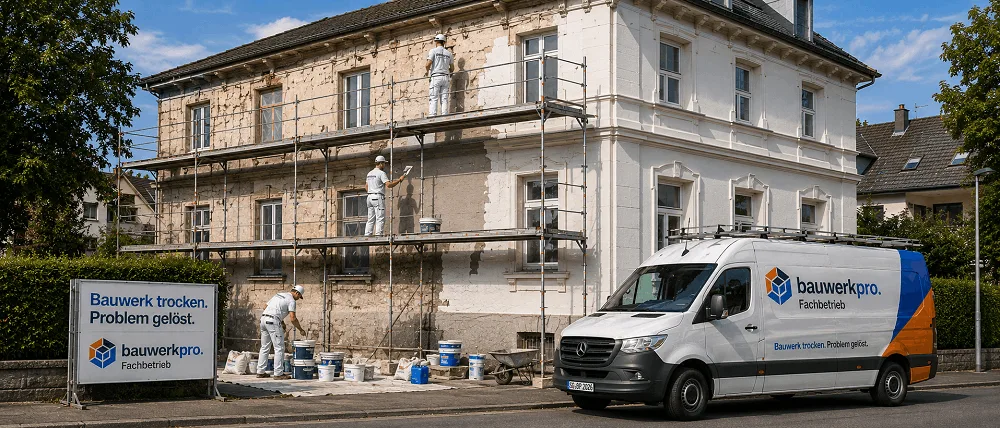 Bauwerkpro Fachbetrieb bei der Fassadenrenovierung - Gerüstbau, Putzarbeiten und Sanierung an einem Wohngebäude