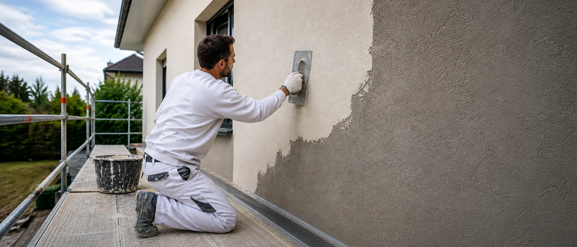 Aussenputz Fassade – Fachgerechte Sanierung und Verputzarbeiten am Wohnhaus Handwerker beim Auftragen von Aussenputz an einer Wohnhausfassade auf dem Baugeruest – fachgerechte Fassadensanierung