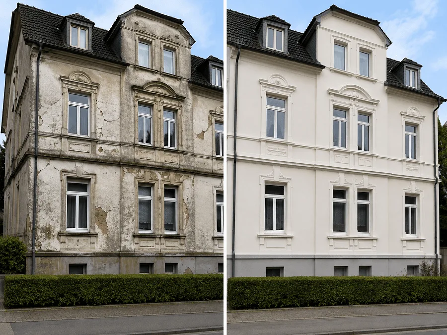 Altbau-Fassade im Vorher-nachher-Vergleich vor und nach der Sanierung mit neuer Abdichtung