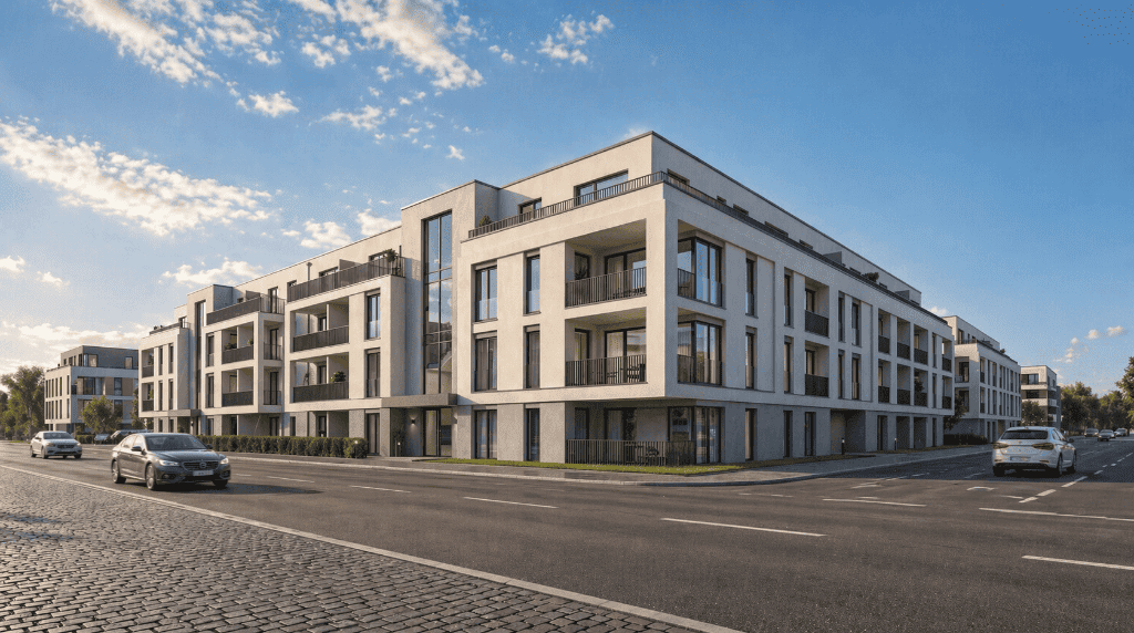 Moderne Wohngebäude mit geschützter Gebäudehülle Modernes Mehrfamilienhaus mit heller Putzfassade bei sonnigem Wetter – Beispiel für energieeffiziente und geschützte Gebäudehüllen.