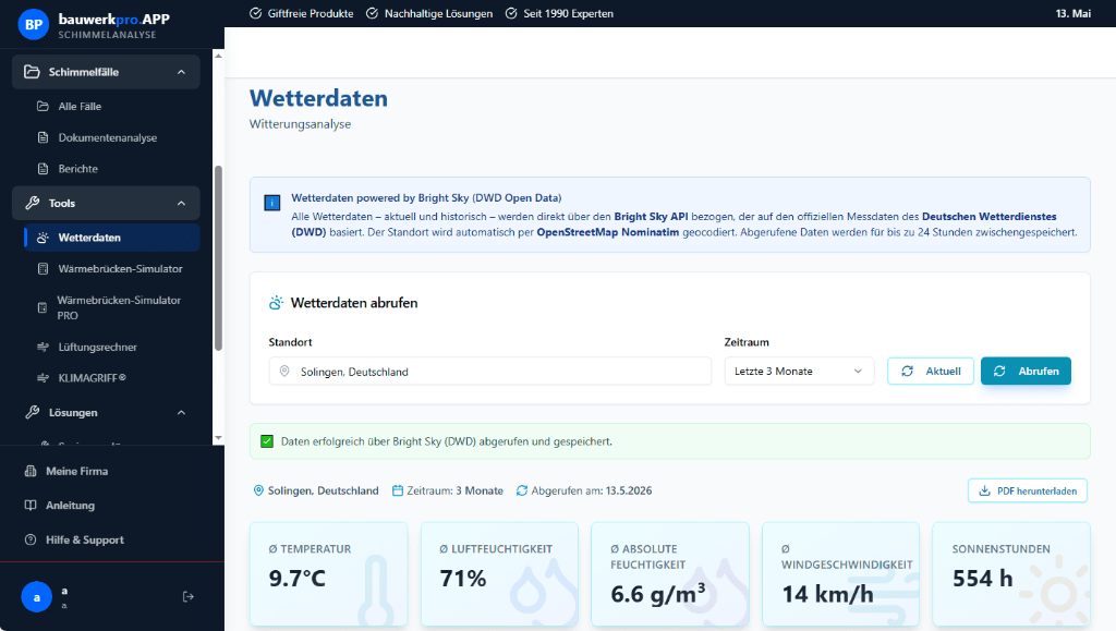 bauwerkpro.APP Wetterdatenanalyse mit DWD- und Bright Sky Integration Wetterdatenanalyse der bauwerkpro.APP mit DWD-Wetterdaten, Luftfeuchtigkeit, Temperatur und Witterungsanalyse für Schimmel- und Gebäudeanalysen.