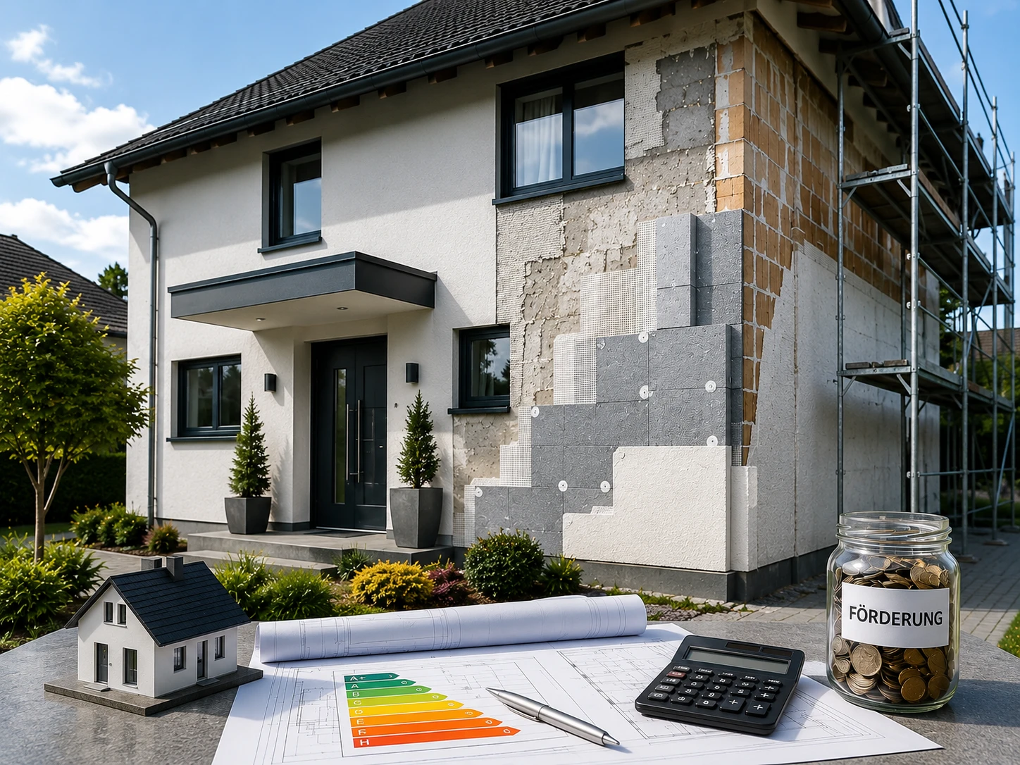 Fassadendämmung Kosten und Förderung - Einfamilienhaus mit WDVS-Dämmung, Baupläne, Energieeffizienz-Label und Spardose mit Aufschrift Förderung