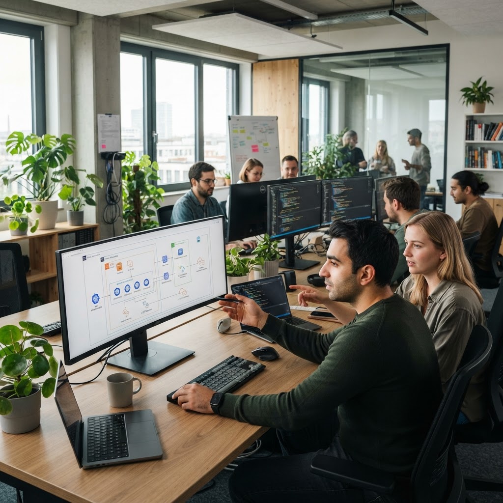 IT-Experten aus Osteuropa bei der Arbeit an einem Digitalisierungsprojekt für ein deutsches Unternehmen.