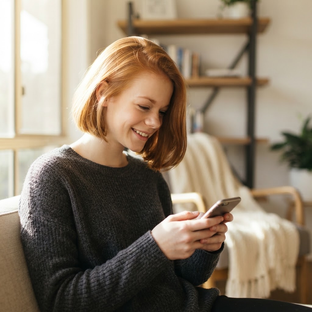 A person smiling while checking their phone