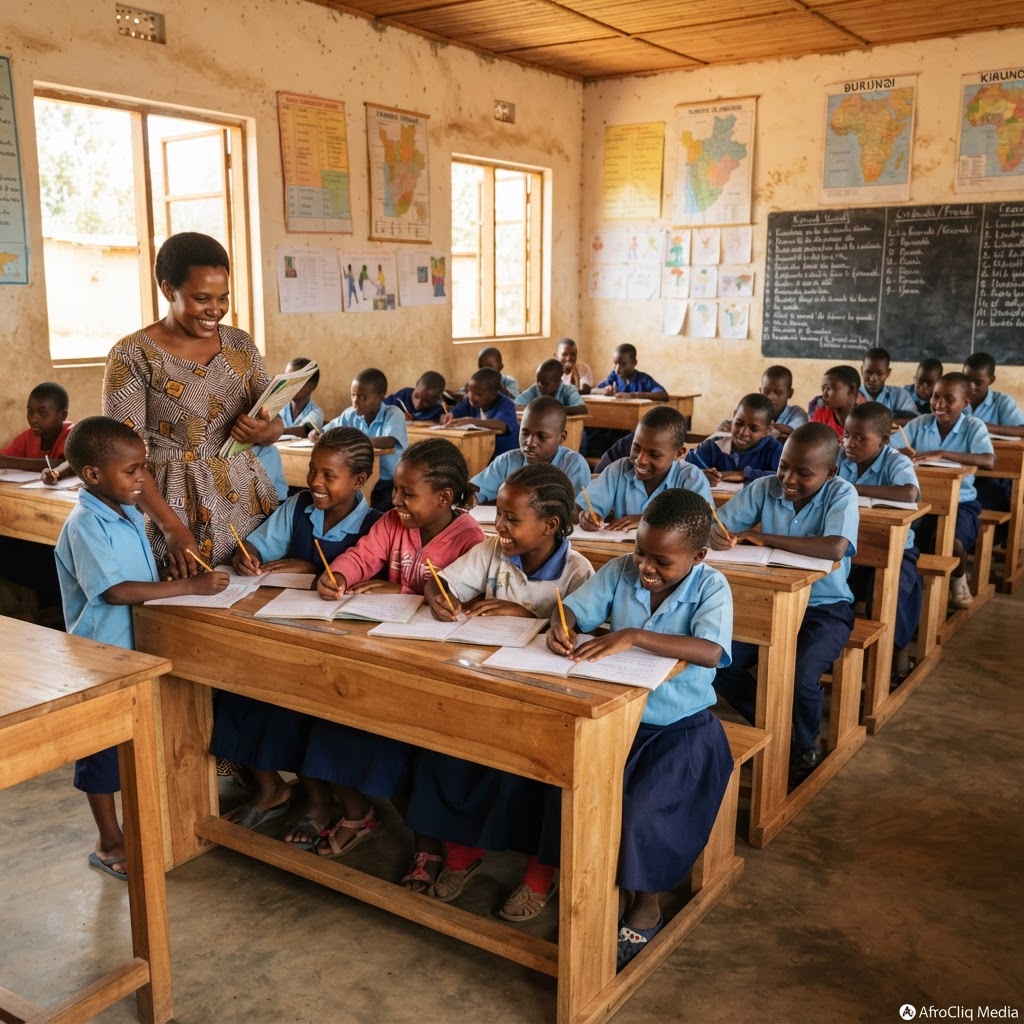 Classe au Burundi avec enfants étudiant à des bureaux neufs