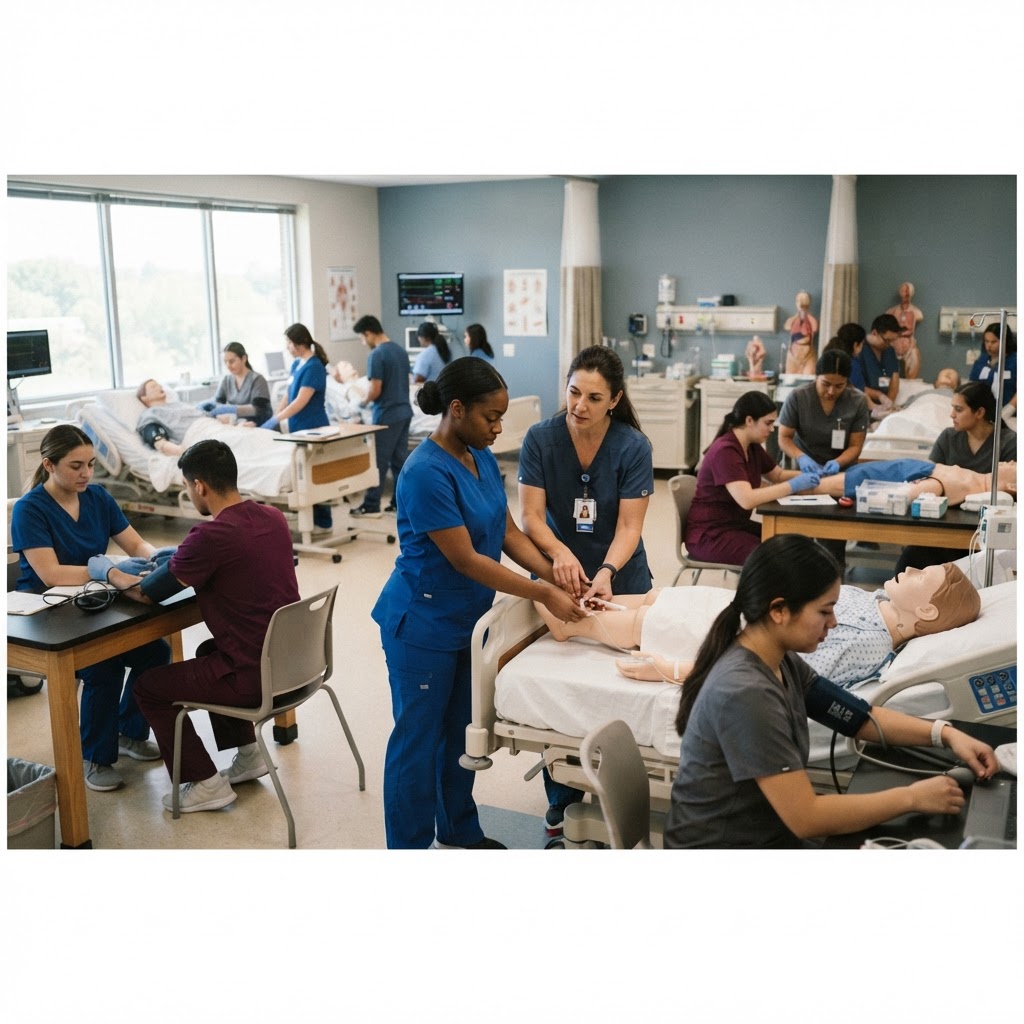 Nursing students practicing in a career college lab