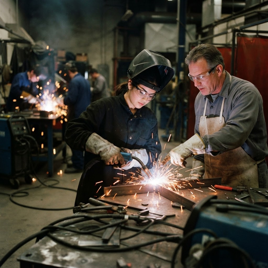 A welding student training in a career college lab