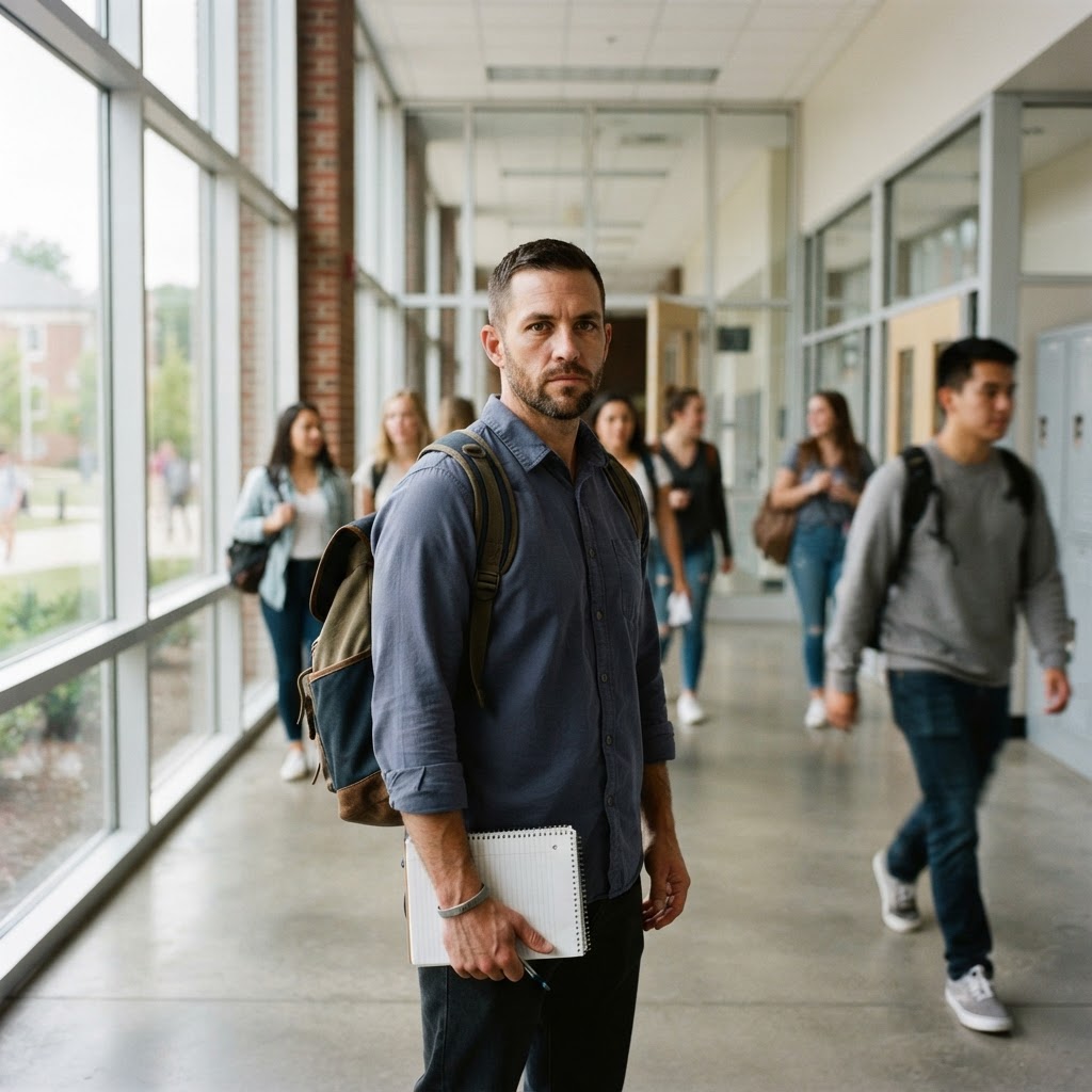 A veteran student walking through a college corridor