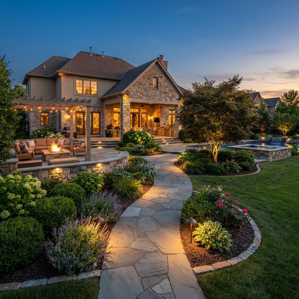 Luxury masonry backyard with stone patio, retaining wall, and pool
