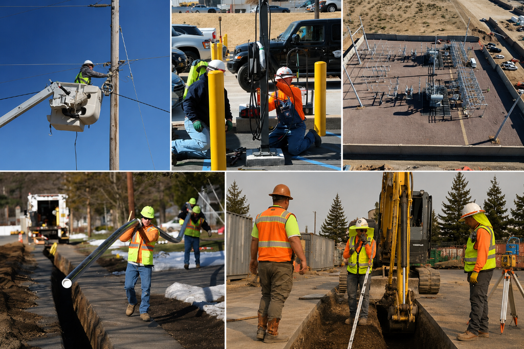 Target One field operations: utility work, EV charging, substation, trenching, and surveying