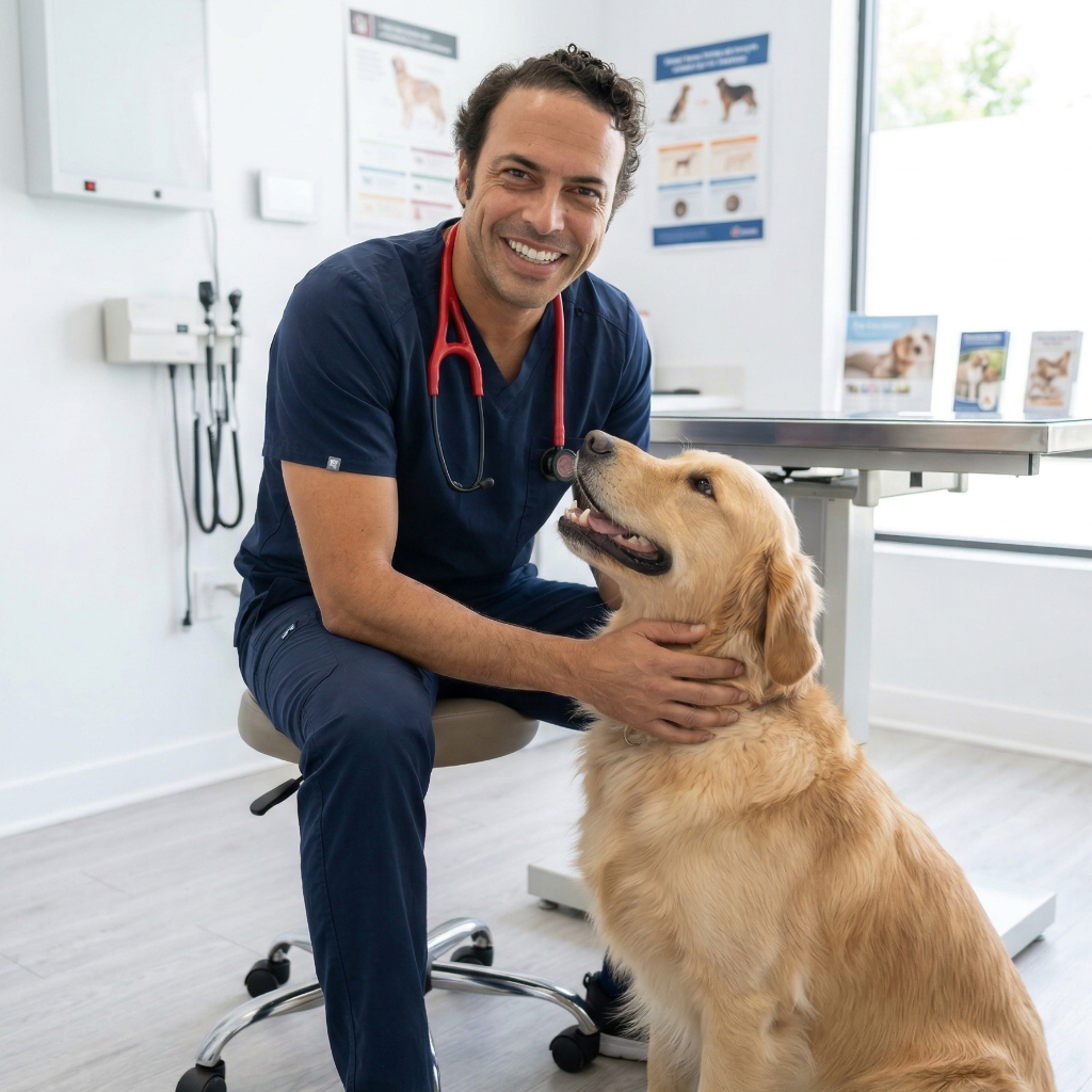 Dr. Soto with dog at Rasberry Animal Clinic
