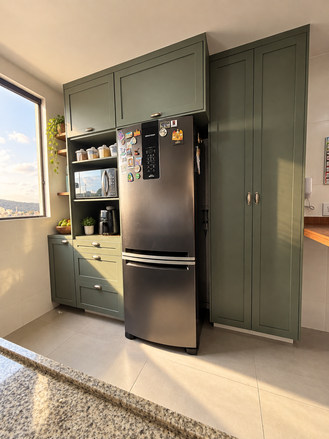 Cozinha provençal verde com torre de eletrodomésticos planejada pela Ornale