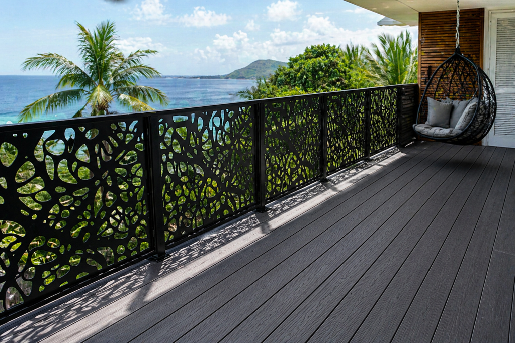 Garde-corps aluminium ajouré terrasse composite vue mer Guadeloupe GT MAT