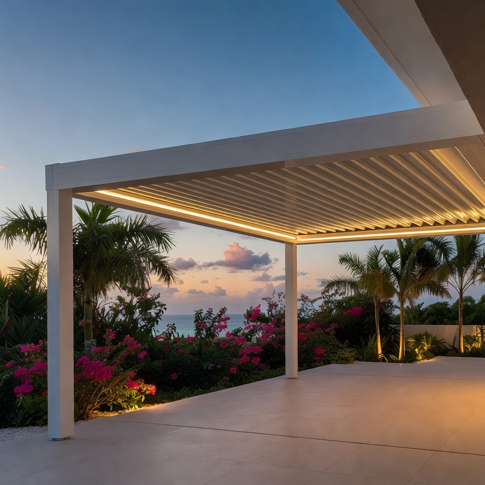 Pergola bioclimatique adossée avec éclairage LED aluminium Martinique GT MAT