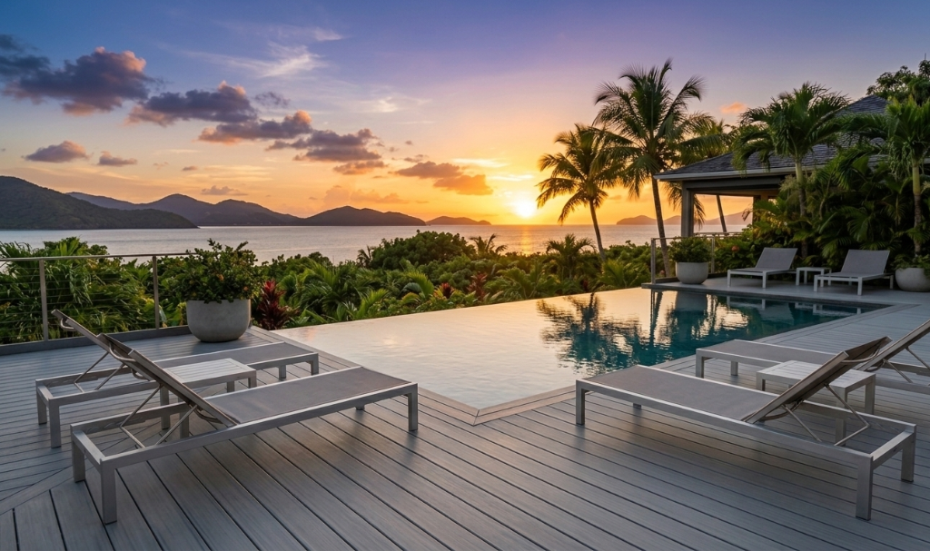 Deck aluminium piscine villa coucher de soleil Guadeloupe Martinique GT MAT