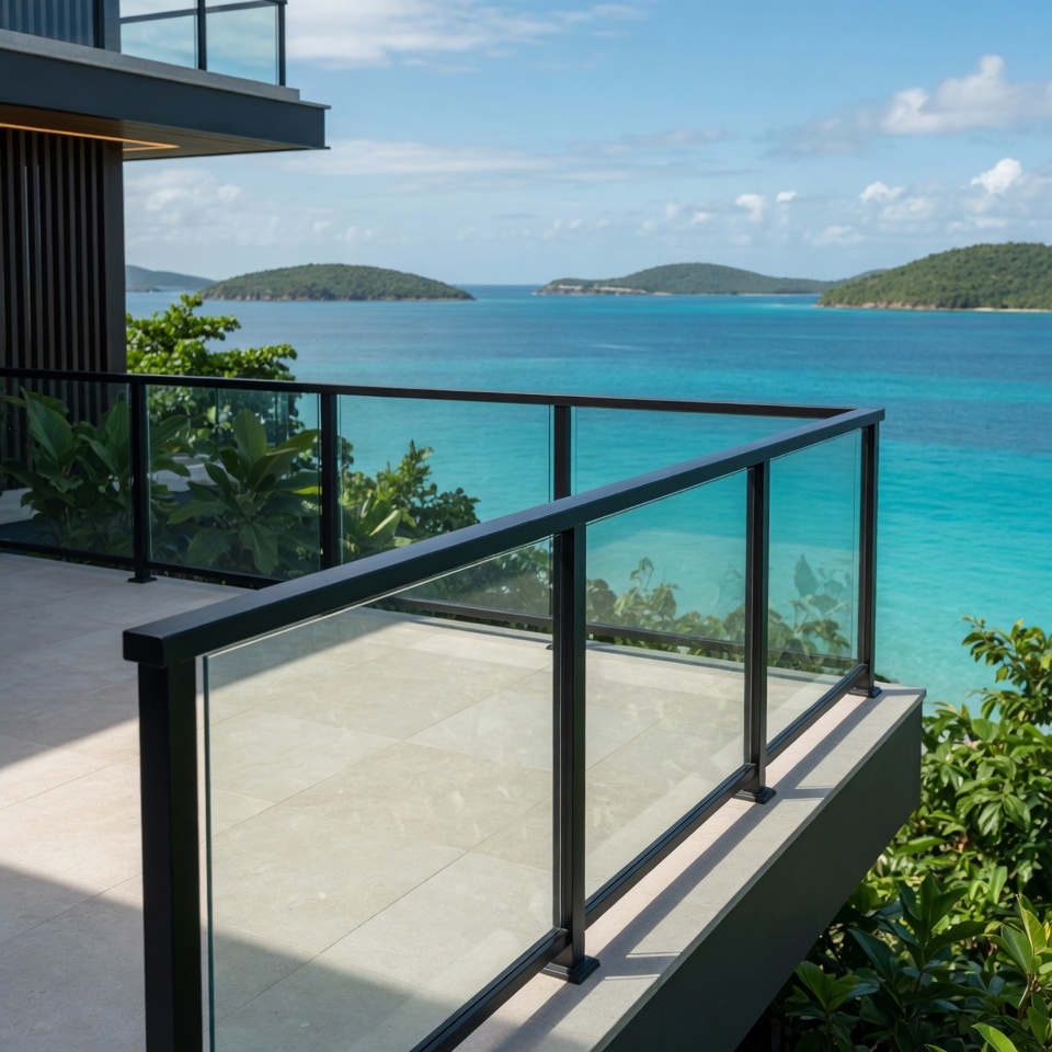 Garde-corps en verre feuilleté et aluminium haut de gamme installé sur une terrasse en Guadeloupe