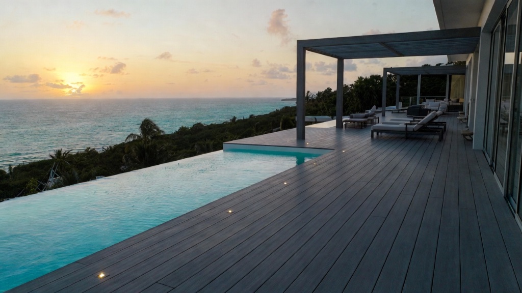Deck aluminium haut de gamme villa piscine coucher de soleil Guadeloupe