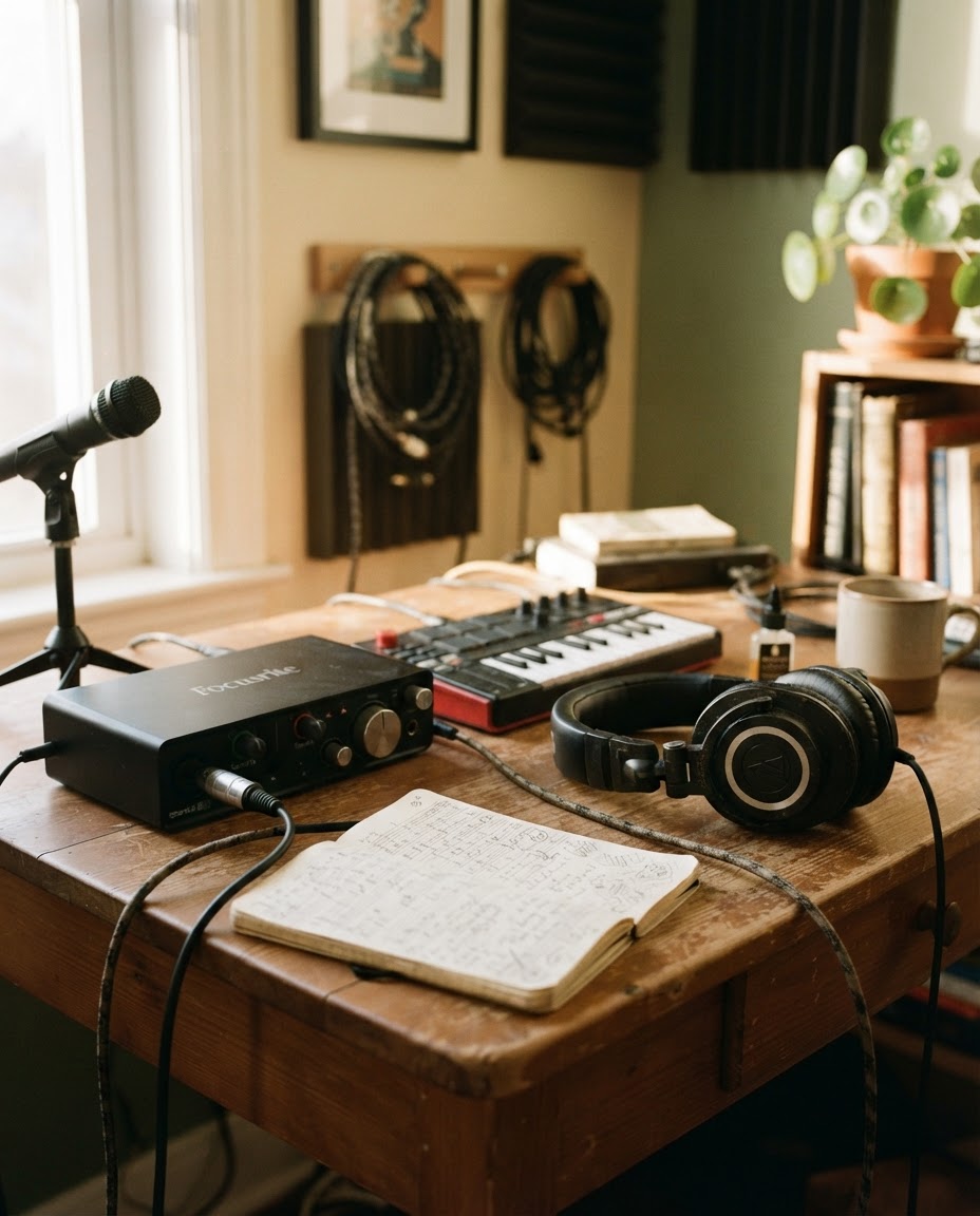 A home recording desk in soft afternoon light