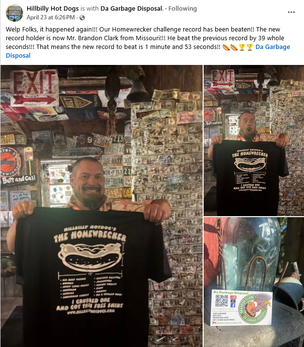 Brandon holding his Hillbilly Hot Dogs Home Wrecker winner's t-shirt