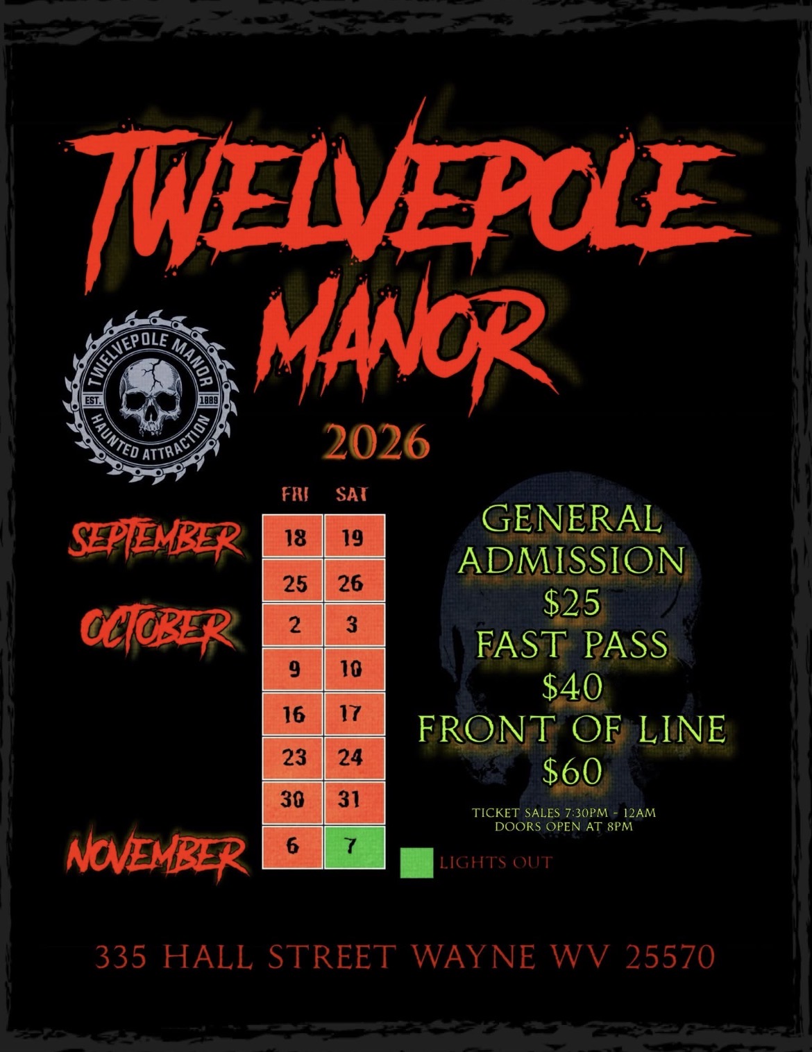 Twelvepole Manor 2026 schedule