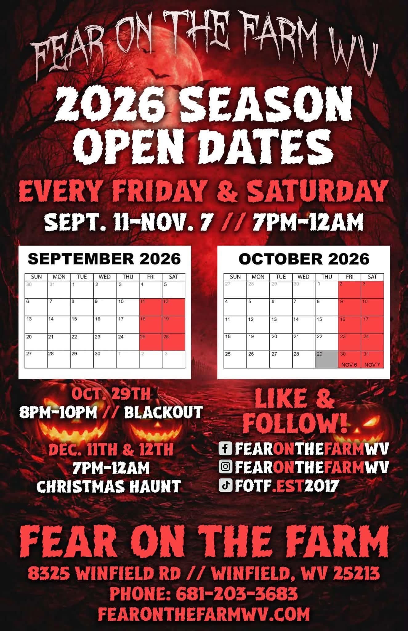 Fear on the Farm WV 2026 season schedule