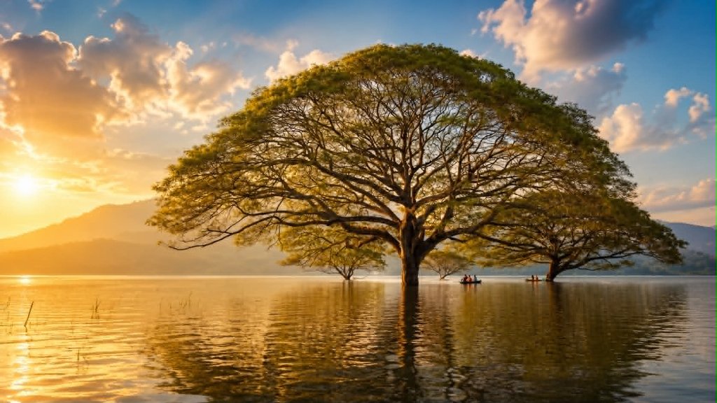 Golden Hour Tree in Northern Thailand Lake
